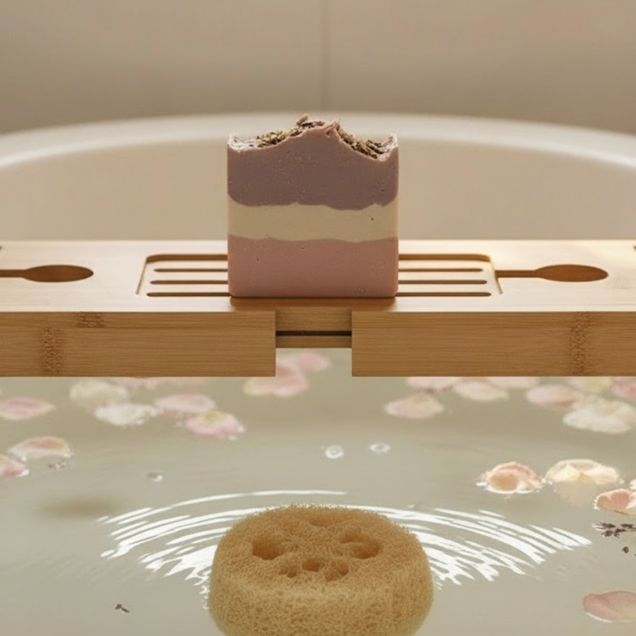 Bar of oatmilk soap in bath. 