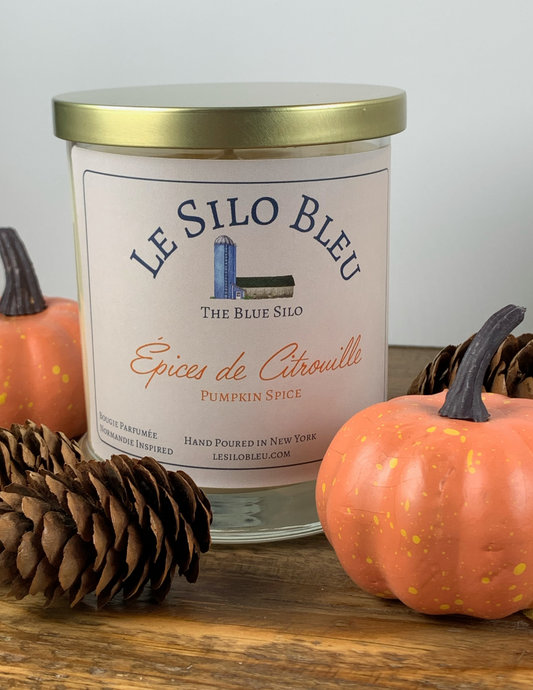 Pumpkin Spice scented soy wax candle sits on a wooden table surrounded by pinecones and mini plastic pumkins. 