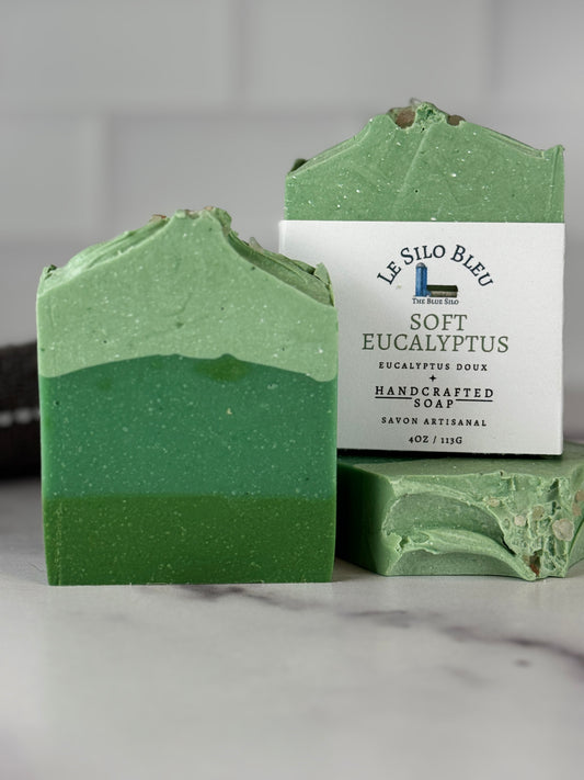 Soft eucalyptus soap with pink sea salt on top and varying layers of green color soap. On a marble table. 