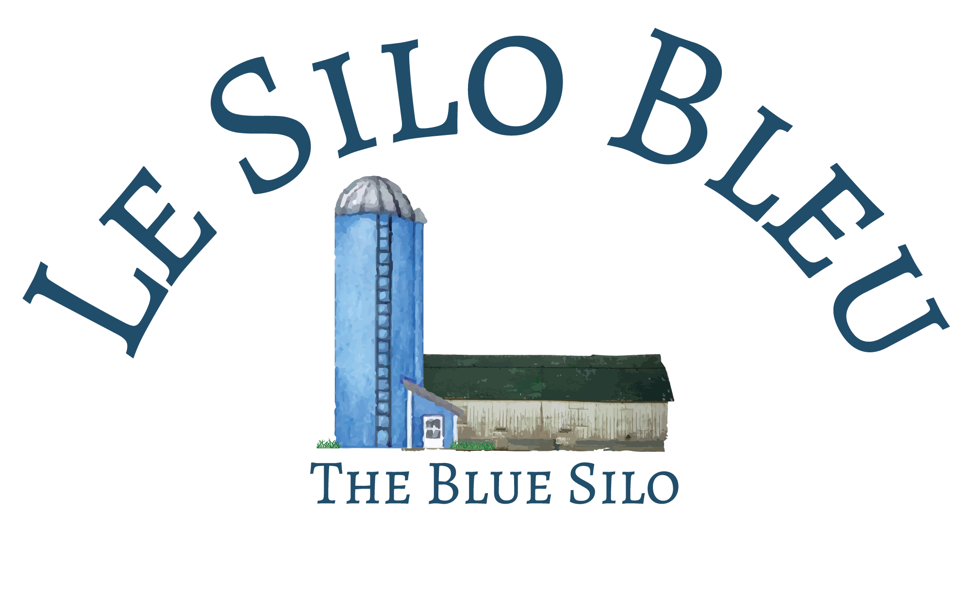 Logo Banner for Le Silo Bleu-The Blue Silo featuring a barn and a blue silo.