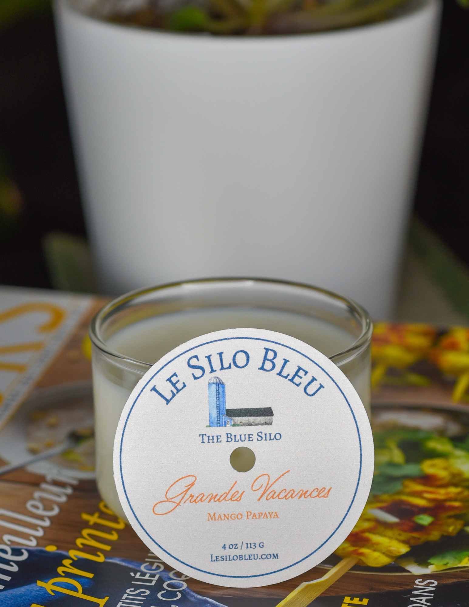 Grandes Vacanes, a mango papaya  scented candle with gold lid to the side. Candle is sitting on top of a French magazine with a plant in a white pot in the background.