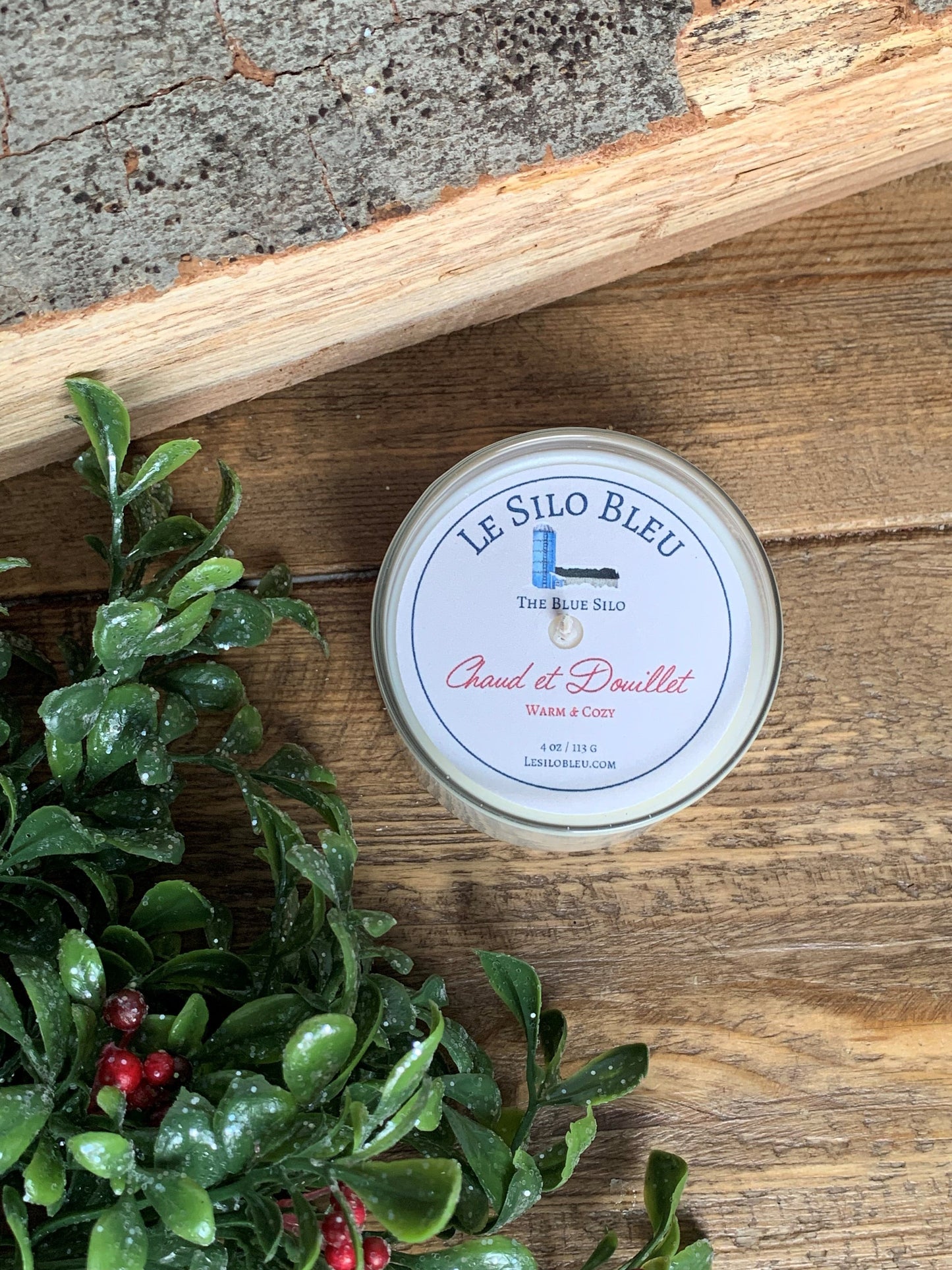 Warm and Cozy Small Candle  sitting on a wooden table with a wood log in the background surrounded by pinecones and fir tree branches.