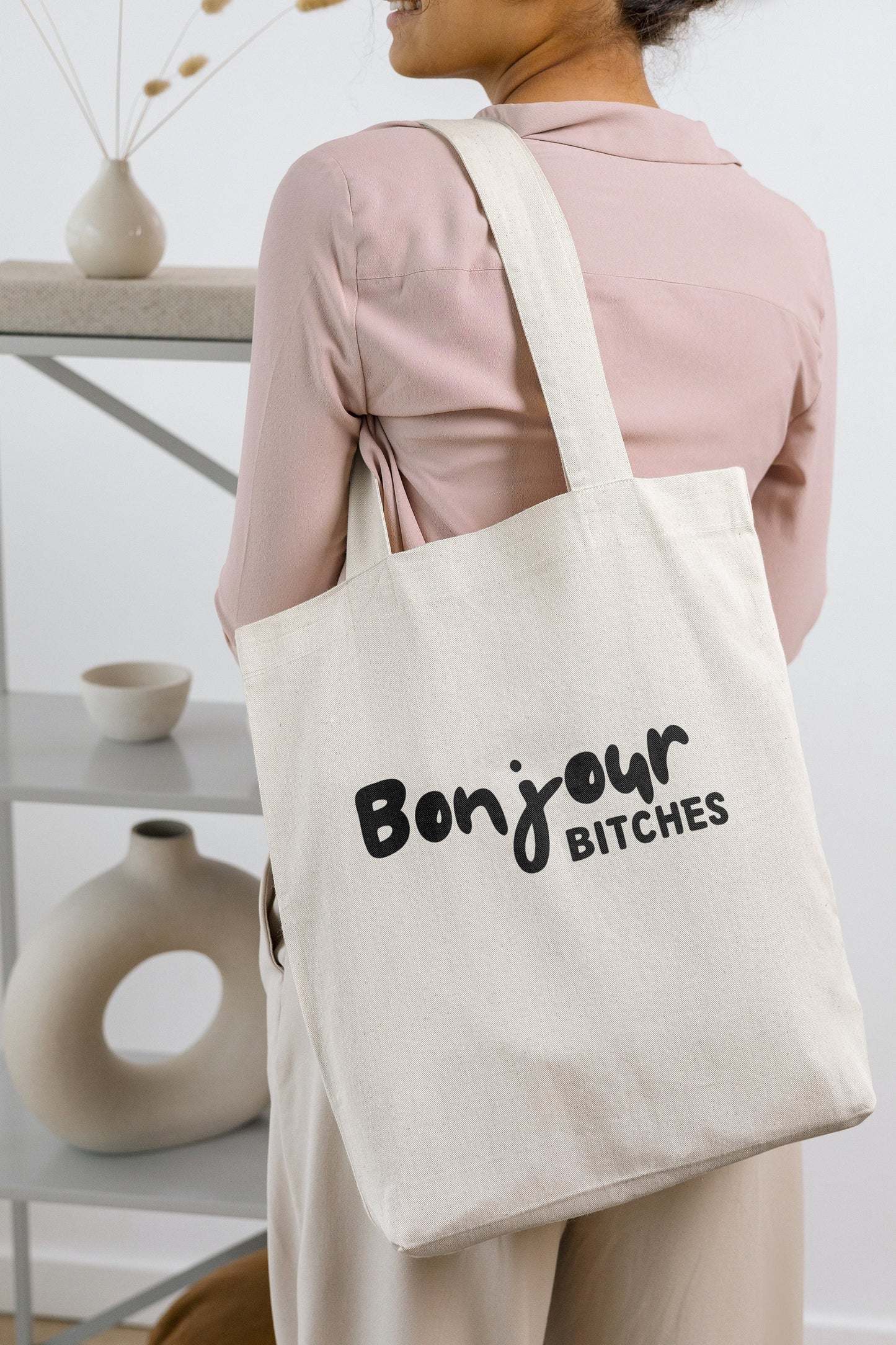 Bonjour Bitches Tote Bag | Bonjour French Phrase Cotton Tote