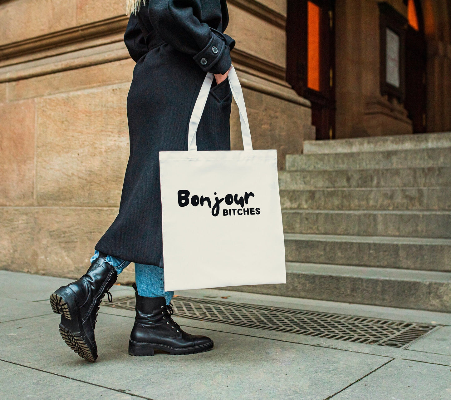 Bonjour Bitches Tote Bag | Bonjour French Phrase Cotton Tote