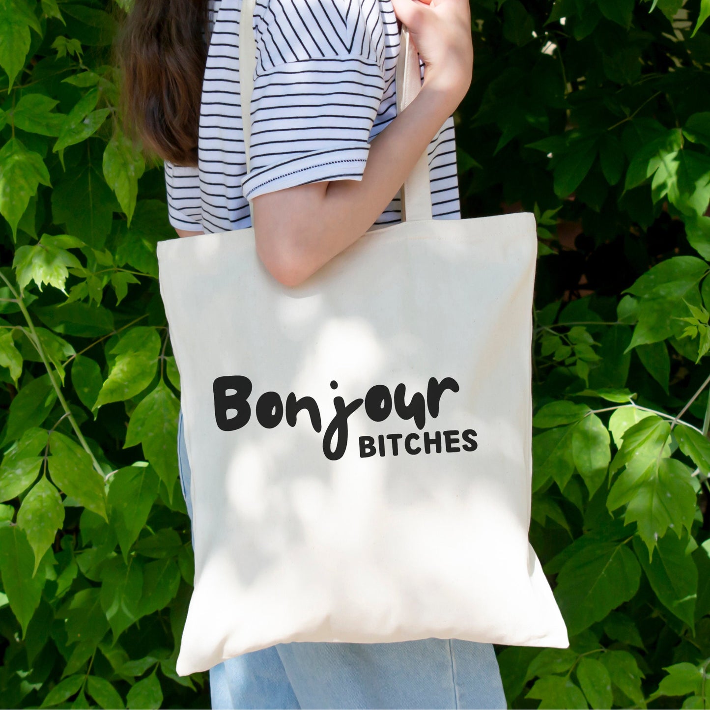 Bonjour Bitches Tote Bag | Bonjour French Phrase Cotton Tote